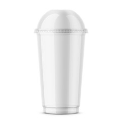 Clear disposable plastic cup with dome lid.