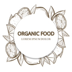 Sketch lemons round banner - organic food banner