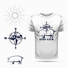 t-shirt design with Vector pig silhouette view side and compass