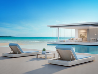 Luxury beach house with sea view swimming pool and terrace in modern design, Lounge chairs on wooden floor deck at vacation home or hotel - 3d illustration of contemporary holiday villa exterior