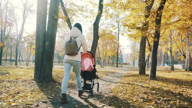 Mother Walking with a Baby Pram in the Autumn Park. Love and Family Concept.