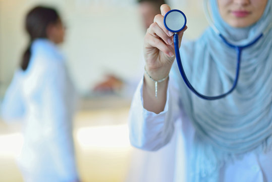 Confident Muslim Doctor With Hijab Or Medical Student Pose At Hospital