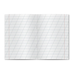 Vector opened realistic school cursive writing worksheet copybook with red margins and diagonal lines, handwriting manual. Blank lined open notebook or copy-book with staples mockup or template