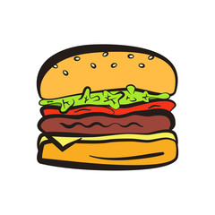 Cartoon colorful hamburger symbol with black outline. Comic flat linear burger icon for fast food restaurant or cafe menu, advertisement, banners