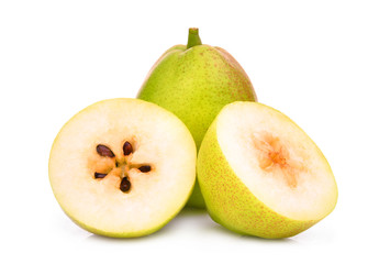 whole and half fragrant pears isolated on white background