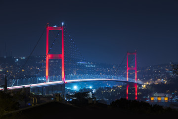 Istanbul Bosphorus Bridge at night. 15th July Martyrs Bridge (15 Temmuz Sehitler Koprusu). Istanbul / Turkey.