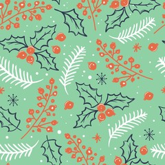 Hand drawn Christmas seamless pattern with holly berries.