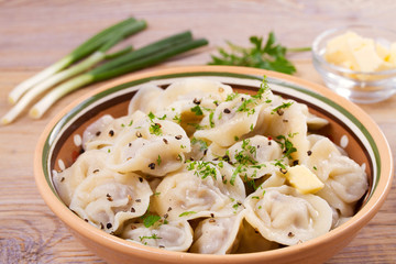 Dumplings, filled with meat, ravioli. Traditional Russian dish pelmeni. Dumplings with filling horizontal