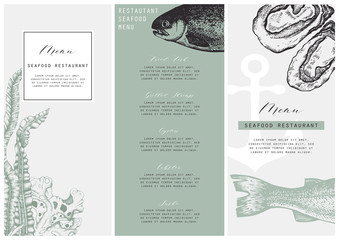 Hand drawn fish illustration. Vector template with hand drawn seafood illustration Vintage card or flyer design with sea food and seaweeds sketch. Restaurant menu.