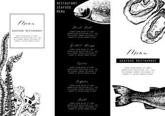 Hand drawn fish illustration. Vector template with hand drawn seafood illustration Vintage card or flyer design with sea food and seaweeds sketch. Restaurant menu. - obrazy, fototapety, plakaty