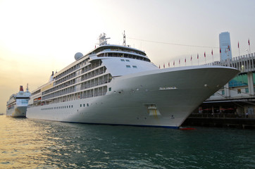 Luxury cruiseship Silversea Cruises Silver Wind in port of Hongkong