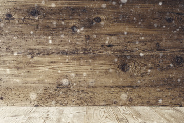 Aged Wooden Texture With Snowflakes, Background With Copy Space
