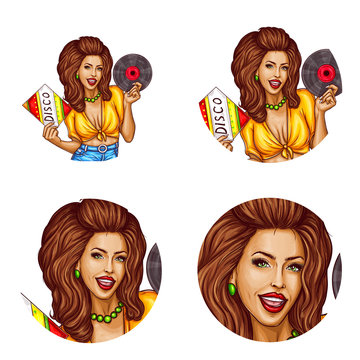 Set of vector pop art round avatar icons for users of social networking, blogs, profile icons. Young pin up sexy girl with brown hair holds a vinyl record in her hand