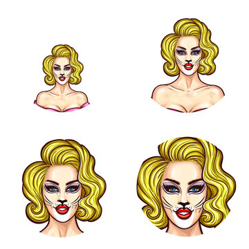 Set of vector pop art round avatar icons for users of social networking, blogs, profile icons. Young pin up sexy blonde girl with painted face, make-up woman cat