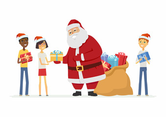 Happy Santa Claus with international children - cartoon characters isolated illustration