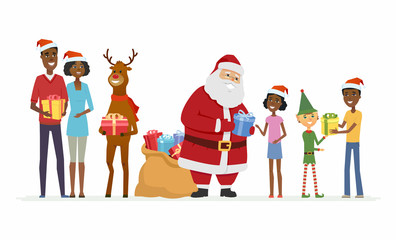 Santa with compaions congratulate African family - cartoon characters isolated illustration