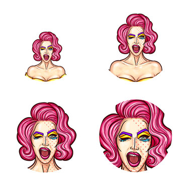 Set of vector pop art round avatar icons for users of social networking, blogs, profile icons. Young pin up sexy girl with painted face, carnival makeup