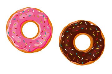 Sweet donut. Two donut with pink and chocolate glaze isolated on white background. Vector