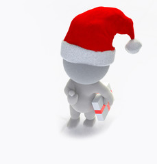 Small white hairy person with thumb up and carry a gift on the withe background, 3d rendering.
