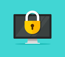 Computer security vector illustration, flat cartoon design desktop pc with closed lock, concept of firewall protection, privacy access, private data, safety service or system
