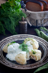 Traditional Lithuanian dish meal cuisine - stuffed meat potato dumpling (Cepelinai,didzkukuliai),most popular Lithuanian national dish, curd, similar to polish