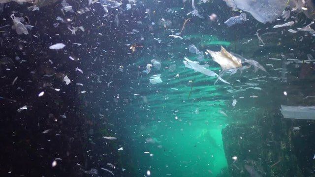 Plastic garbage and other debris floating underwater. Marine pollution. Plastic debris in the water, killing wildlife. Black Sea, Bulgary