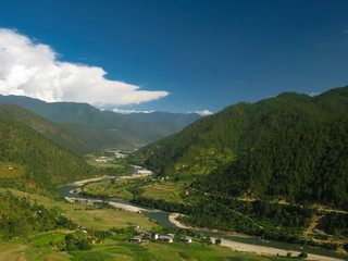 Fototapeta na wymiar View to Mo Chhu river and Punakha-Wangdue valley from Khamsum Yulley Namgyal Temple, Bhutan