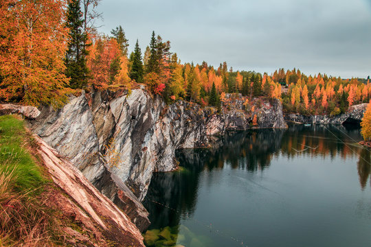 Abandoned marble canyon. Awesome autumn landscape.