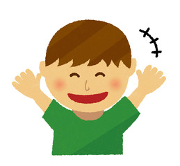 Cheering and smiling boy. Handwriting-like illustration.