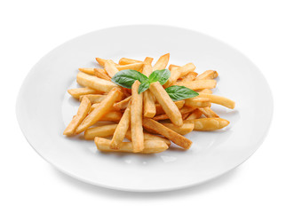 Plate with yummy french fries on white background