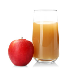 Glass with fresh apple juice on white background