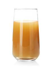 Glass with fresh apple juice on white background