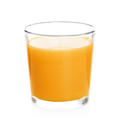 Glass of fresh orange juice on white background