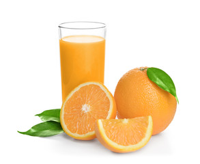 Glass of fresh orange juice with fruit on white background