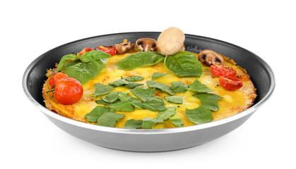 Tasty frittata with spinach on white background