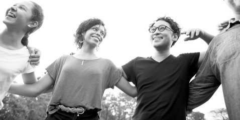 Happiness group of people huddle and smiling together
