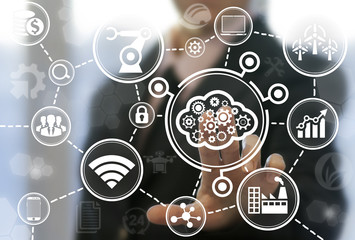 Cloud Computing Integrate Industry 4.0 concept. Youтg woman using virtual touchscreen presses cloud gears button. © wladimir1804