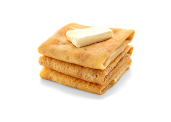 Fototapeta na wymiar Delicious thin pancakes on white background