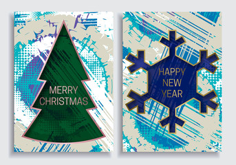 Happy New Year and Merry Christmas greeting card templates on grunge texture background with Christmas tree and snowflake frame.