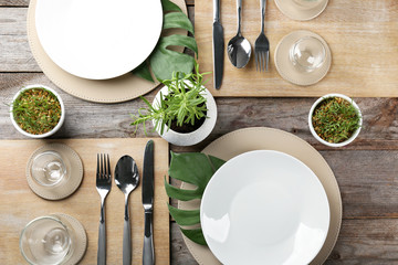 Top view of table setting for dinner in vegetarian cafe