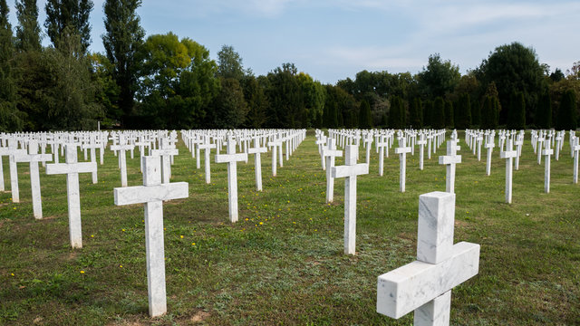 White stone crosses on memorial cemetery in Vukovar