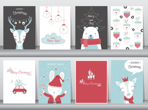Set of cute Merry christmas  background with cute animal and winter clothes,cute animal, Vector illustrations