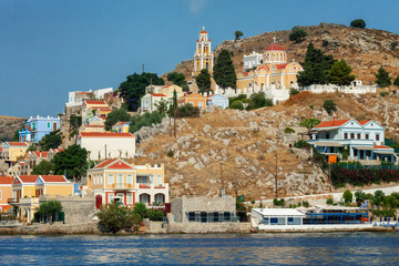 View from the sea to a beautiful port town