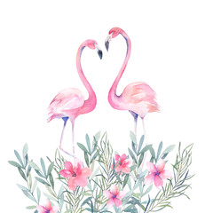 Couple pink flamingos and bouquet flowers. Watercolour print for invitation, birthday, celebration, greeting card