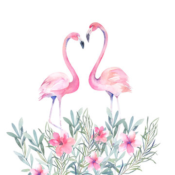 Couple pink flamingos and bouquet flowers. Watercolour print for invitation, birthday, celebration, greeting card © natikka