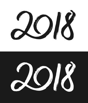 Happy New Year 2018 greeting card template. Hand drawn calligraphic number 2018 with rough contour on black and white backgrounds for Chinese Year of the Dog. Vector illustration.