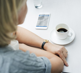 Woman Coffee Shop Using Email Smart Phone Concept