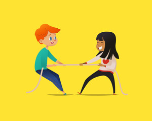 Redhead boy and dark haired girl pulling opposite ends of rope. Tug of war contest between kids of different gender. Concept of sports game or competitive activity for children. Vector illustration.