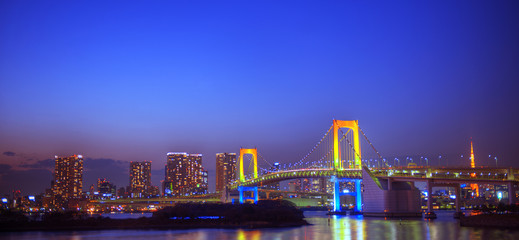Fototapeta na wymiar Panorama of the rainbow bridge in Tokyo.