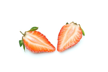 The two sliced fresh strawberries on white background ,isolated